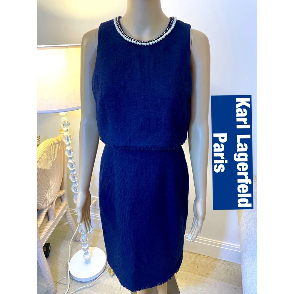 Karl Lagerfeld, Navy Dress Sz 4 chain & pearl trimmed neck